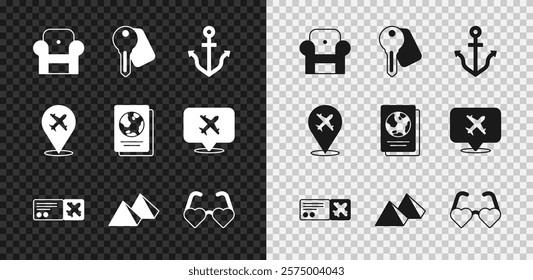 Set Armchair, Hotel door lock key, Anchor, Airline ticket, Egypt pyramids, Heart shaped love glasses, Plane and Passport icon. Vector