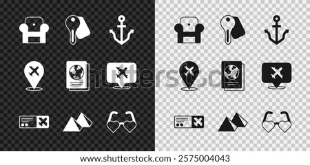 Set Armchair, Hotel door lock key, Anchor, Airline ticket, Egypt pyramids, Heart shaped love glasses, Plane and Passport icon. Vector