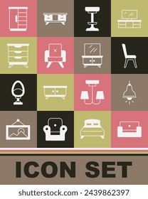 Set Armchair, Lamp hanging, Chair, Furniture nightstand, Wardrobe and Dressing table icon. Vector