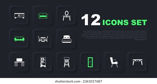 Set Armchair, Office desk, Table with, Big full length mirror, Sofa, Library bookshelf,  and Chair icon. Vector