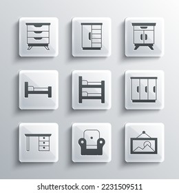 Set Armchair, Picture, Wardrobe, Bunk bed, Office desk, Bed, Furniture nightstand and  icon. Vector