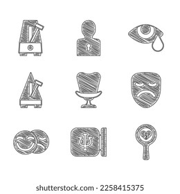 Set Armchair, Psychology, Psi, Broken heart or divorce, Drama theatrical mask, Comedy and tragedy masks, Metronome with pendulum, Tear cry eye and  icon. Vector