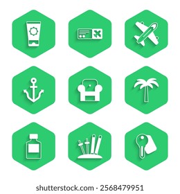 Set Armchair, Ski and sticks, Hotel door lock key, Tropical palm tree, Whiskey bottle, Anchor, Plane and Sunscreen cream in tube icon. Vector
