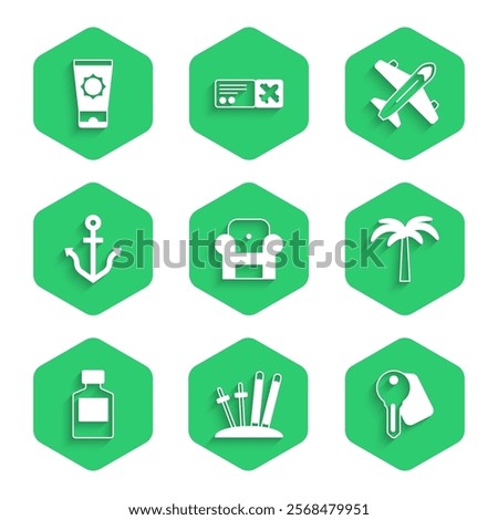 Set Armchair, Ski and sticks, Hotel door lock key, Tropical palm tree, Whiskey bottle, Anchor, Plane and Sunscreen cream in tube icon. Vector