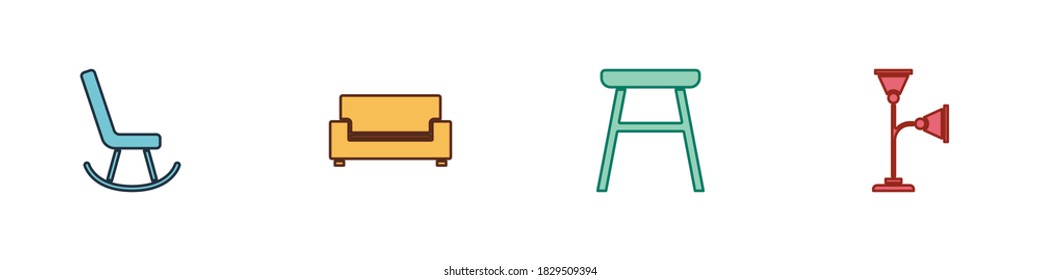 Set Armchair, Sofa, Chair and Floor lamp icon. Vector.