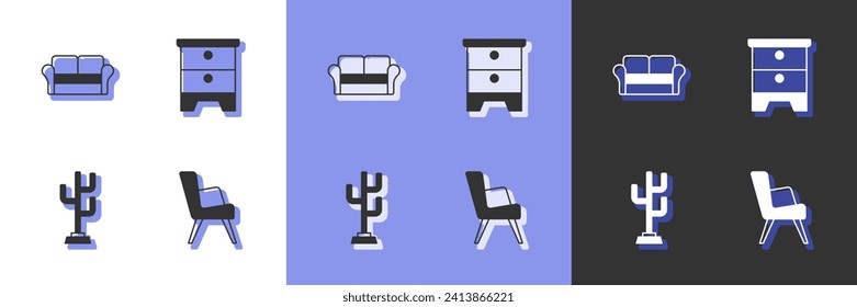 Icono de Sillón, Sofá, Coat stand y Muebles de noche. Vector