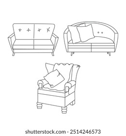 Set of armchair and sofa in line technique. Isolated. Home decor. Vector illustration