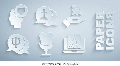 Set Armchair, Solution to the problem, Psychology, Psi, Psychologist online, Graves funeral sorrow and Broken heart divorce icon. Vector