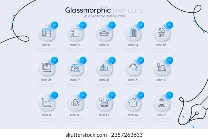 Set of Armchair, Square area and Lighthouse line icons for web app. Food market, Skyscraper buildings, House security icons. Box size, Night city, Buildings signs. Cupboard, Lounge, Home grill. Vector