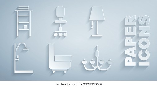 Set Armchair, Table lamp, Shower, Chandelier, Office and Bathroom rack with shelves for towels icon. Vector