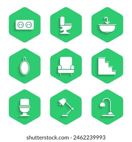 Set Armchair, Table lamp, Staircase, Toilet bowl, Mirror, Washbasin with water tap and Electrical outlet icon. Vector