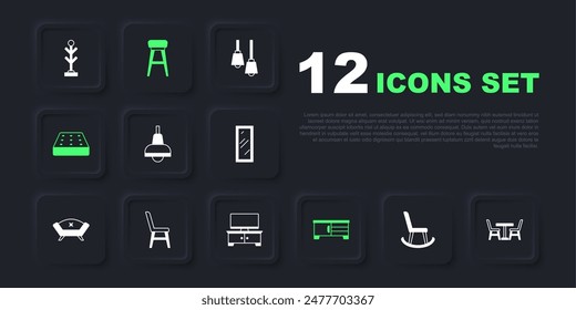 Set Armchair, Table with, Lamp hanging, TV table stand, Mattress, Chair,  and  icon. Vector