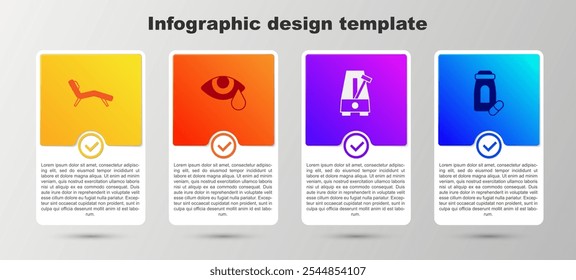 Set Armchair, Tear cry eye, Metronome with pendulum and Sedative pills. Business infographic template. Vector