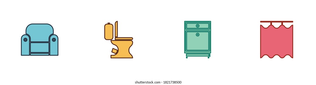 Set Armchair, Toilet bowl, Furniture nightstand and Curtains icon. Vector.