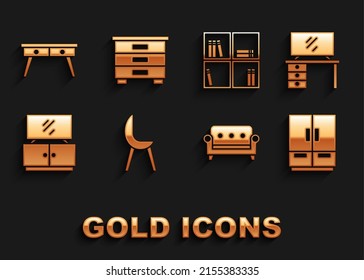 Set Sessel, TV-Tisch Ständer, Wardrobe, Sofa, Shelf mit Büchern, Büro-Schreibtisch und Möbel Nachttisch Symbol. Vektorgrafik
