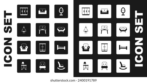 Set Armchair, TV table stand, Lamp hanging, Wardrobe, Sofa, Bed and  icon. Vector