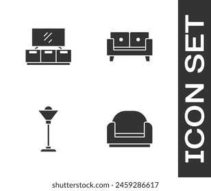 Set Sillón, soporte de mesa de TV, Lámpara de pie y Sofá icono. Vector