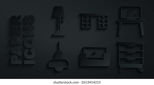 Set Armchair, TV table stand, Lamp hanging, Furniture nightstand, Office desk and Floor lamp icon. Vector