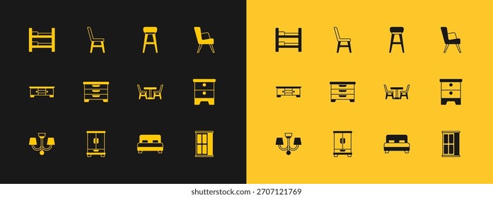 Conjunto Sillón, Armario, Mesa con, Cama grande, Cómoda, Silla, Litera e icono. Vector