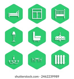 Set Armchair, Wooden table with, Heating radiator, Chandelier, Floor lamp, Baby crib cradle bed and Bed icon. Vector