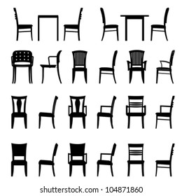 Set of armchairs and chairs and tables set. Architecture interior design home and office furniture. Isolated on white, vector
