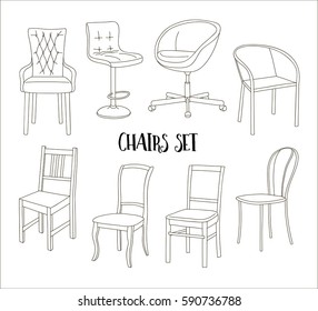 Set of armchairs and chairs and tables set. Architecture interior design home and office furniture. Isolated on white, vector