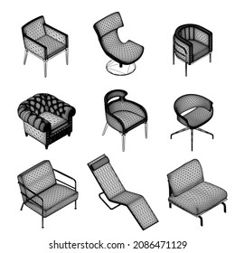 Set of armchairs and chairs wireframes from black lines isolated on white background. Isometric view. 3D. Vector illustration