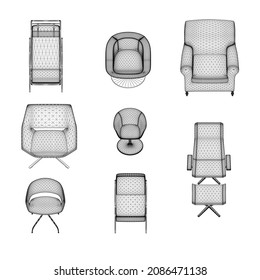 Set of armchairs and chairs wireframes from black lines isolated on white background. Front view. 3D. Vector illustration