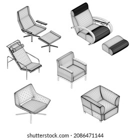 Set of armchairs and chairs wireframes from black lines isolated on white background. Isometric view. 3D. Vector illustration