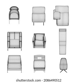 Un conjunto de sillones y sillas enarboladas de líneas negras aisladas en un fondo blanco. Vista frontal. 3 D. Ilustración del vector