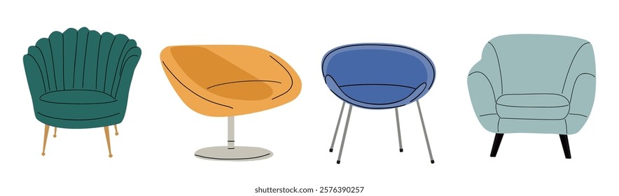 Set of armchairs different colors and shapes. Furniture elements for interior design plan. Colorful flat vector illustrations isolated on white background.