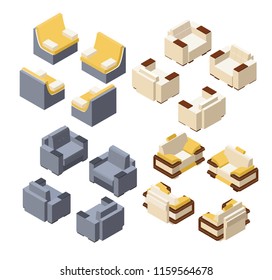 a set of armchairs in different styles for the interior. isometric 3d