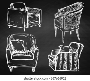 Set of armchairs hand drawn chalk on a chalkboard.Vector illustration in a sketch style.