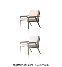 A set of armchairs with metal legs. Realistic vector armchair in the loft style. Isolated on a white background. Interior design element.