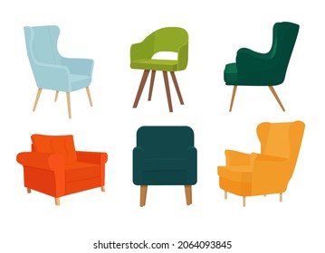 A set of armchairs, modern bright chairs with soft upholstery in Scandinavian style. Vector illustration