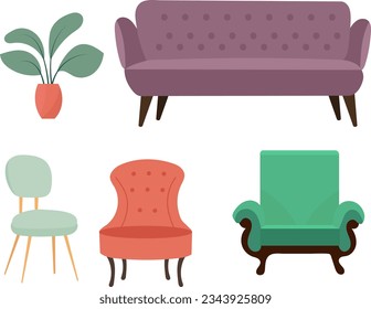 Premium Vector  Home furniture big clipart set household items sofa chair  wardrobe and plants are funny