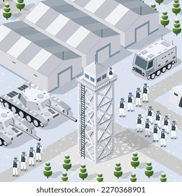 Set armed military transport object and war combat equipment force of winter army armed troop graphic elements tank machine 3D illustration