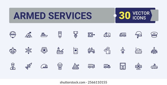 Set of Armed Services line icons. Contains related to equipment, military, transport, first, air, helmet, truck and more. Minimalistic icon. Vector outline and solid icons collection.