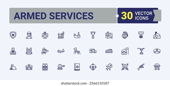 Set of Armed Services line icons. Contains related to equipment, military, transport, first, air, helmet, truck and more. Minimalistic icon. Vector outline and solid icons collection.