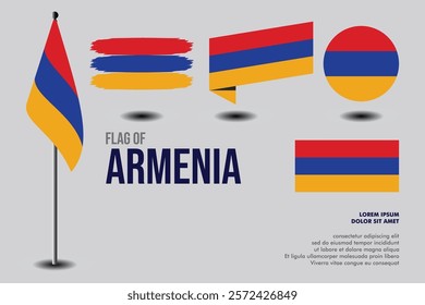 Set of Armenia flag in 5 designs: flag on pole, brush stroke, skew, round and standard. vector, flat, isolated on grey background