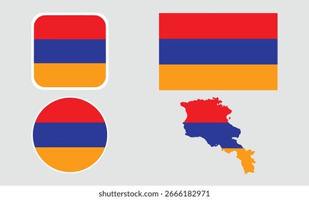 Um conjunto de ícones da bandeira da Armênia. Um conjunto de sinalizadores em formas quadradas, retangulares, redondas e de mapa. Ícones de sinalizador.	