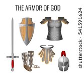 Set of armor of God elements isolated on white. Long sword of the spirit, breathpate, sandals of readiness, belt of truth, readiness wooden shield of faith, armour helmet of salvation. Vector