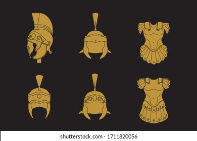 Set of armor guarding male character and helmets. Medieval armed knight guard man isolated.  Security person wearing steel helmet. Cartoon warrior. Vector heraldry Illustration. Different medieval hel