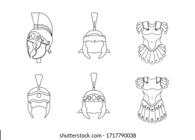 Set of armor guarding male character and helmets. Medieval armed knight guard man isolated.  Security person wearing steel helmet. Cartoon warrior. Vector heraldry Illustration. Different medieval hel