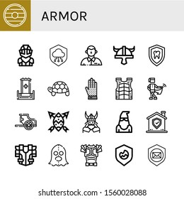 Set of armor icons. Such as Shield, Knight, Defendant, Viking helmet, Throne, Turtle, Chainmail, Bulletproof vest, Medieval, Chariot, Viking, Executioner, Armour , armor icons