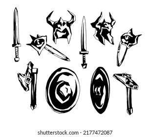 Un conjunto de armaduras y armas para personajes de fantasía. Imagen gráfica rastreada.