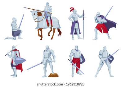 Set Of Armored Knights With Weapons In Different Angles, Poses. Cartoon Vector Illustration. Medieval Brutal Warrior Or Soldier With Horse, Sword And Shield. History, Knight Battle, War, Fight Concept