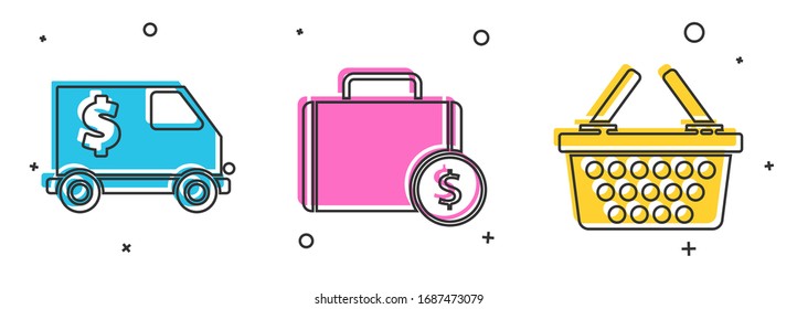 Set Armored truck, Briefcase and money and Shopping basket icon. Vector