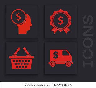 Set Armored truck, Business man planning mind, Price tag with dollar and Shopping basket icon. Vector