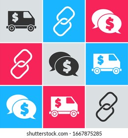 Set Armored truck, Chain link and Speech bubble with dollar icon. Vector
